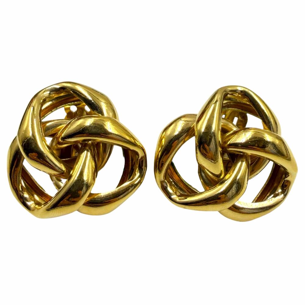 Vintage 80s Gold Tone Dimensional Open Ribbon Knot Swirl Chunky Clip On Earrings